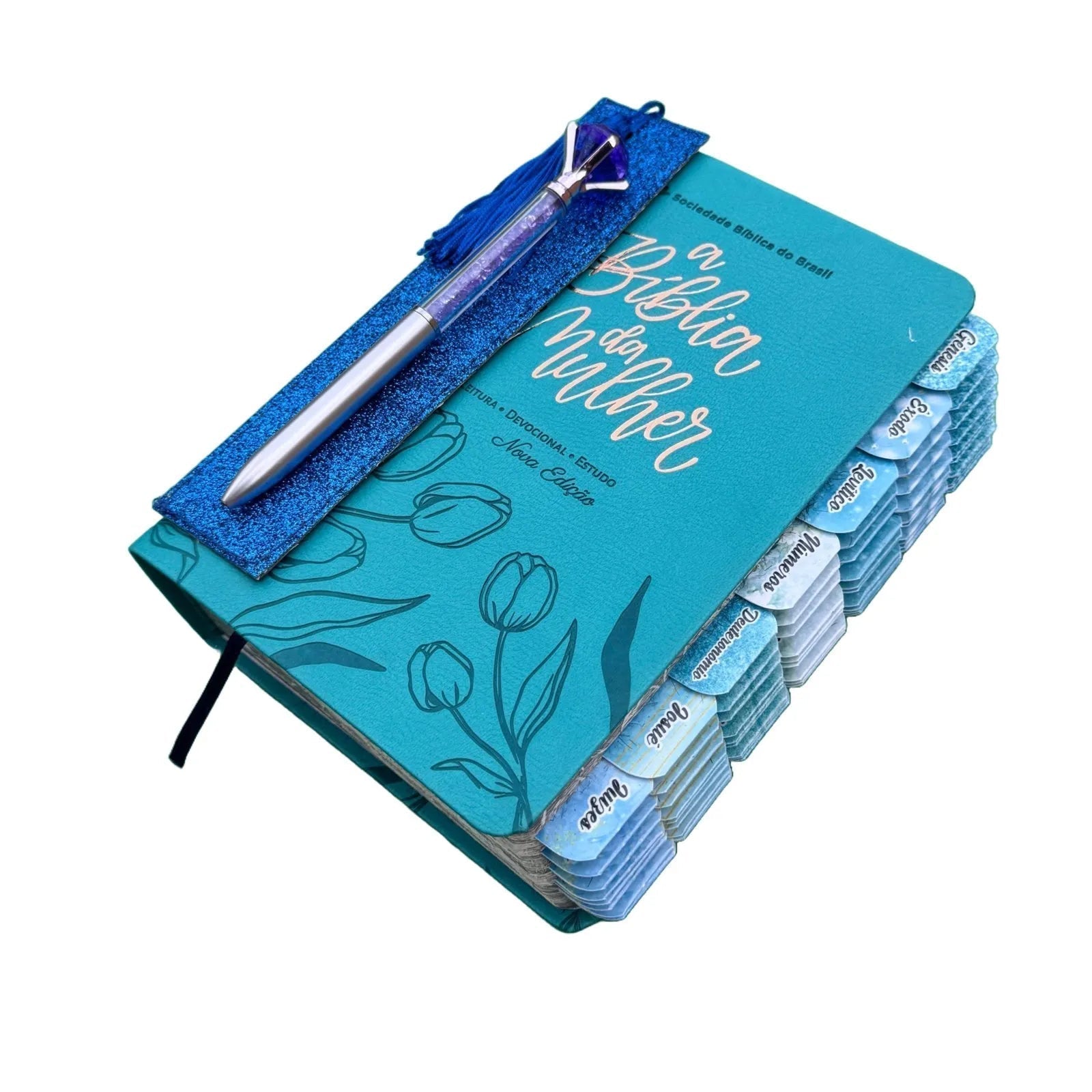 Bíblia de Estudo da Mulher Naa Tulipa Azul Turquesa SBB Com Abas Adesivas