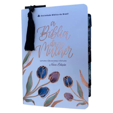 Biblia da Mulher de estudos branca tulipas com abas adesivas ARC + marca páginas glitter SBB