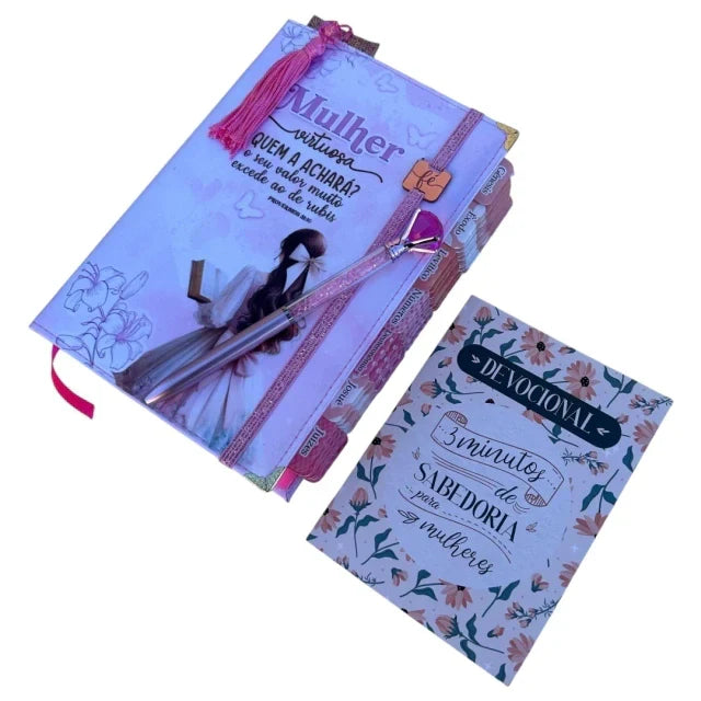 Kit Bíblia Mulher Virtuosa com Abas adesivas capa dura ARC + devocional + caneta + marca páginas
