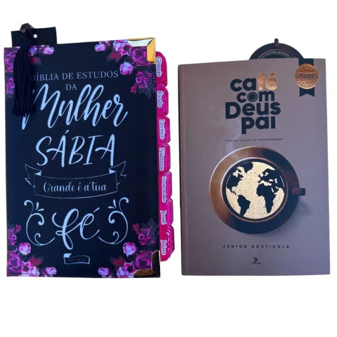 Kit Bíblia da Mulher Sábia de Estudos Preta Fé com abas e Harpa + marca página + cafe com Deus Pai 2025